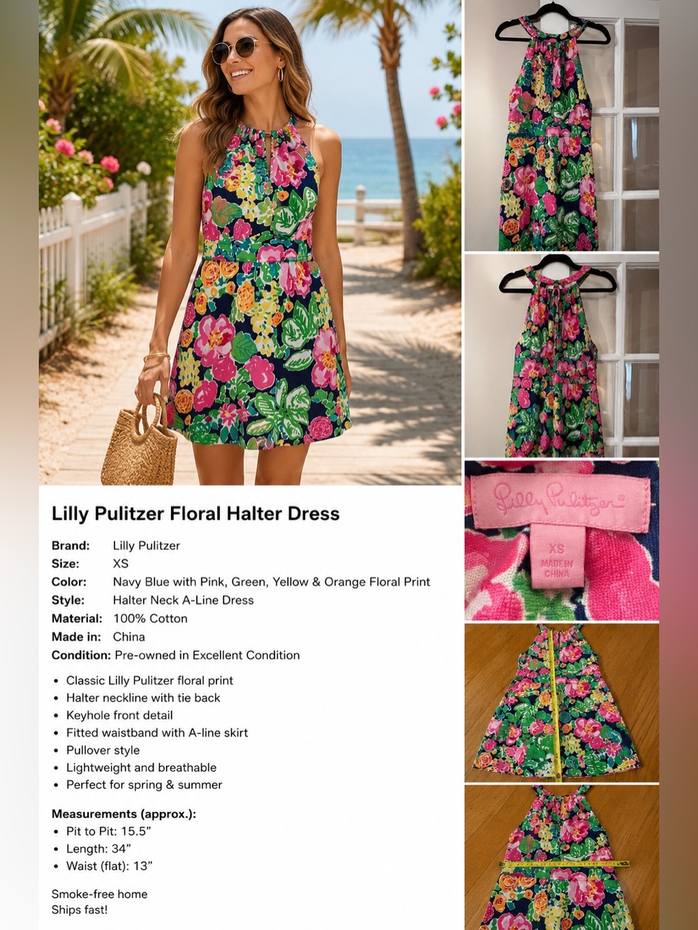 Lilly Pulitzer Navy Floral Halter Dress
